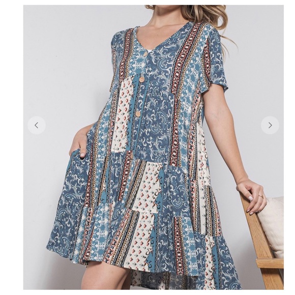 Boho V-Neck Border Print Tiered Mini Dress - Picture 2 of 5